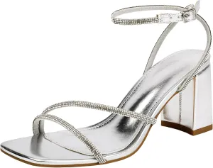 Rhinestone Heeled Sandals for Women, Chunky Block Heels for Prom, Sexy Strappy Heels Summer Sandals Open Toe Mid Heels for Women