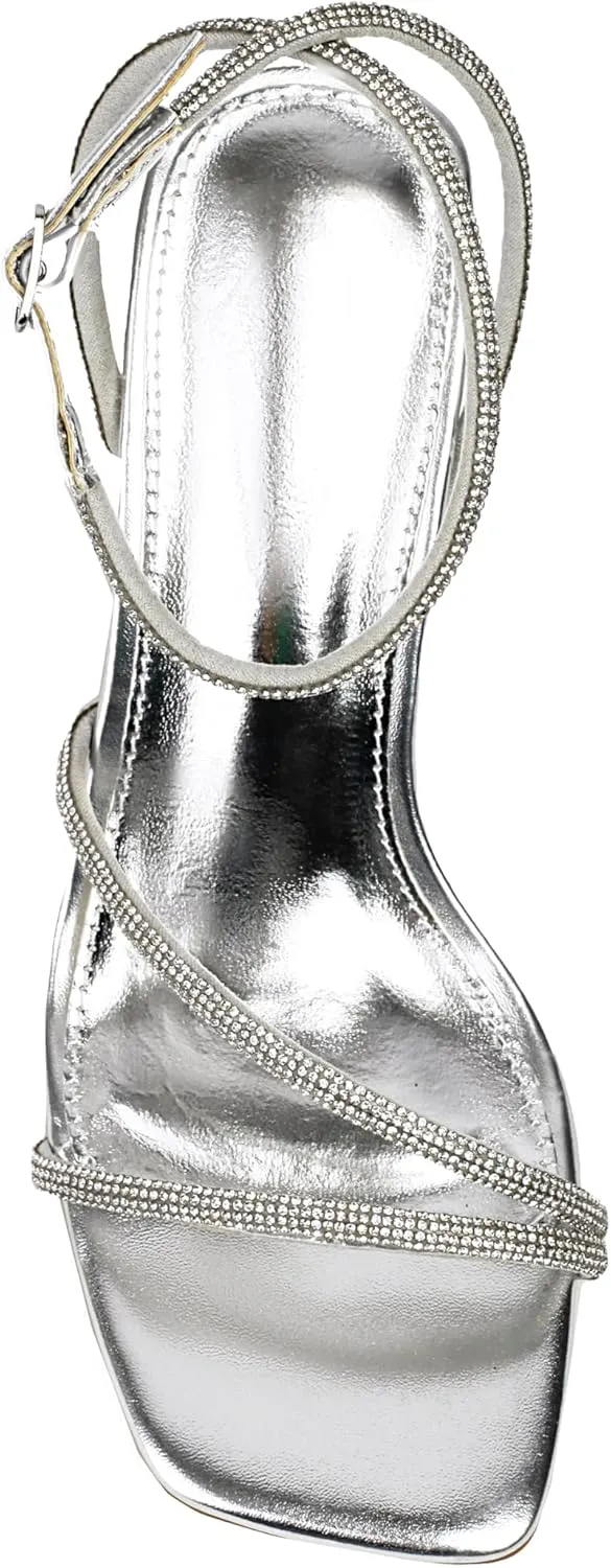 Rhinestone Heeled Sandals for Women, Chunky Block Heels for Prom, Sexy Strappy Heels Summer Sandals Open Toe Mid Heels for Women