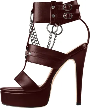 richealnini Ankle Strap Stiletto Heel Strappy Sandals with Chains and Grommets T-strap Studded Rivets Platform Sandals