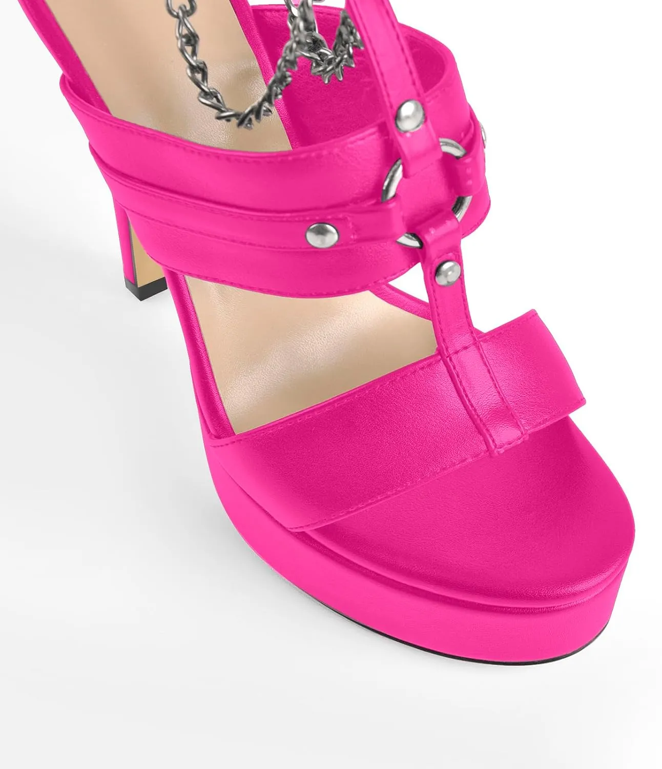 richealnini Ankle Strap Stiletto Heel Strappy Sandals with Chains and Grommets T-strap Studded Rivets Platform Sandals
