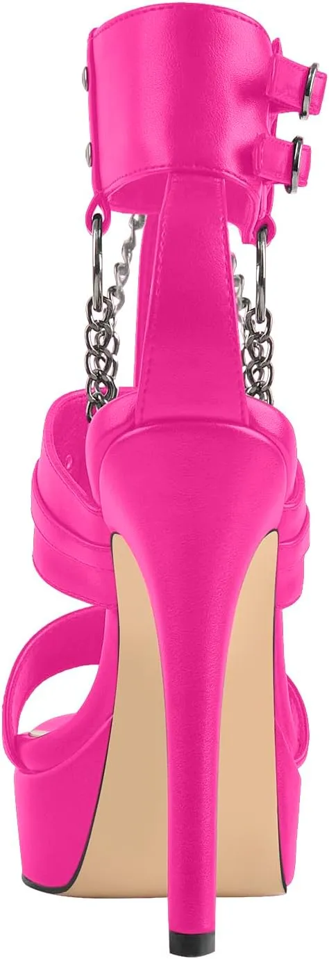 richealnini Ankle Strap Stiletto Heel Strappy Sandals with Chains and Grommets T-strap Studded Rivets Platform Sandals
