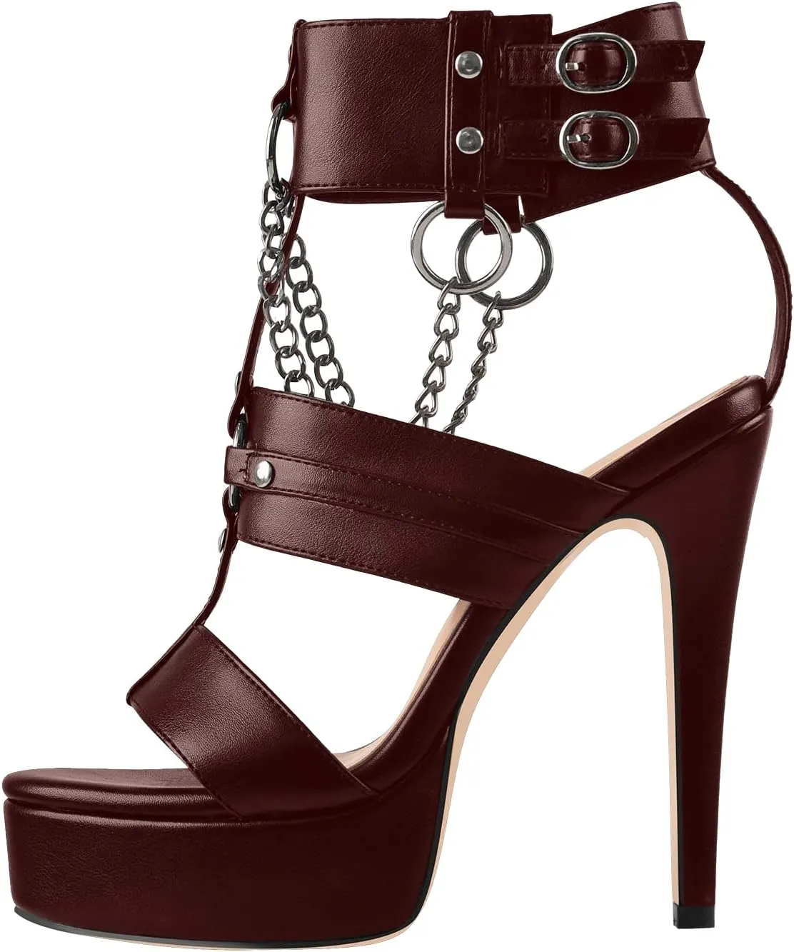 richealnini Ankle Strap Stiletto Heel Strappy Sandals with Chains and Grommets T-strap Studded Rivets Platform Sandals