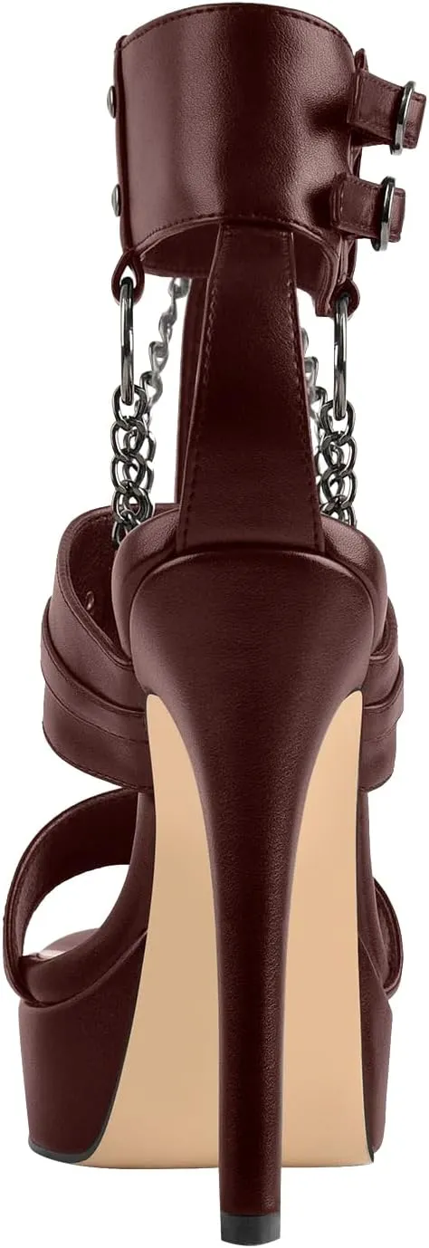 richealnini Ankle Strap Stiletto Heel Strappy Sandals with Chains and Grommets T-strap Studded Rivets Platform Sandals