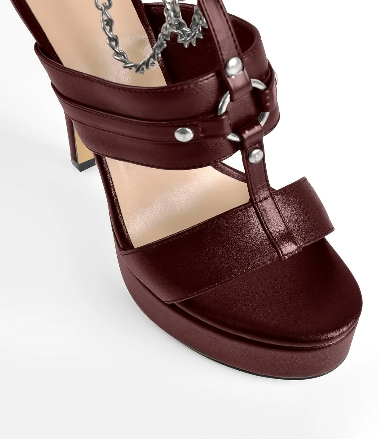 richealnini Ankle Strap Stiletto Heel Strappy Sandals with Chains and Grommets T-strap Studded Rivets Platform Sandals