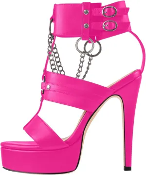 richealnini Ankle Strap Stiletto Heel Strappy Sandals with Chains and Grommets T-strap Studded Rivets Platform Sandals