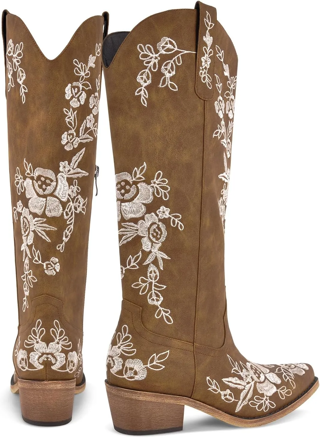 richealnini Floral Knee High Cowboy Boots for Women Embroidered Cowgirl Boots Slip On Pointed Toe Chunky Heel Zip Up Fashion Retro Tall Booties