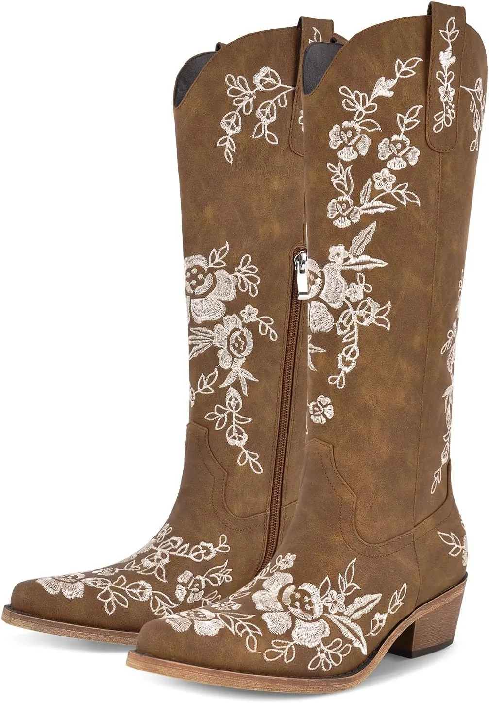 richealnini Floral Knee High Cowboy Boots for Women Embroidered Cowgirl Boots Slip On Pointed Toe Chunky Heel Zip Up Fashion Retro Tall Booties