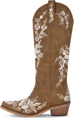 richealnini Floral Knee High Cowboy Boots for Women Embroidered Cowgirl Boots Slip On Pointed Toe Chunky Heel Zip Up Fashion Retro Tall Booties