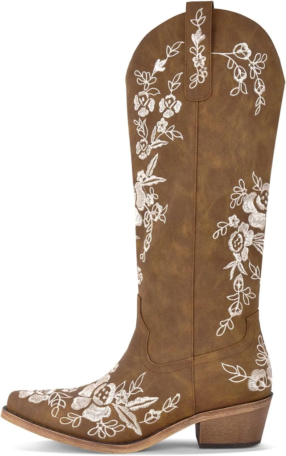 richealnini Floral Knee High Cowboy Boots for Women Embroidered Cowgirl Boots Slip On Pointed Toe Chunky Heel Zip Up Fashion Retro Tall Booties