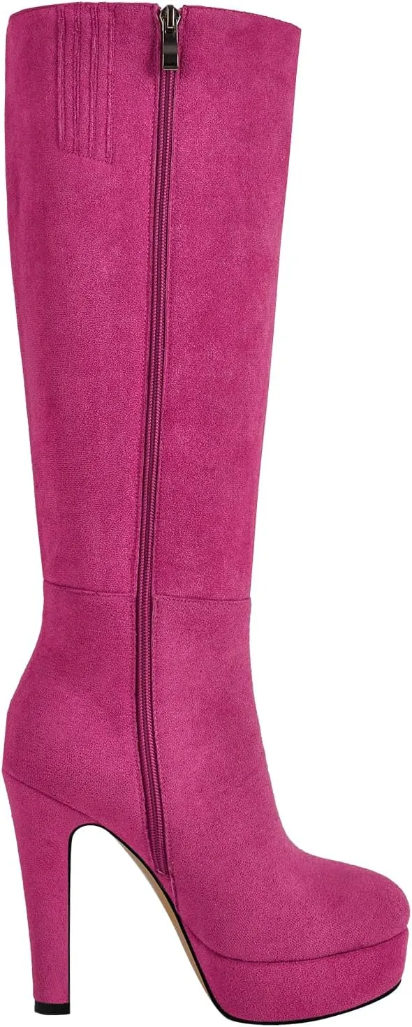 richealnini Platform Knee High Boots for Women Side Zip Up Tall Boots with Block Heel Comfort Long Boots