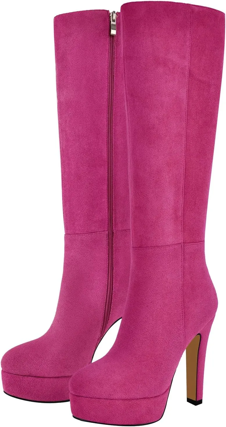 richealnini Platform Knee High Boots for Women Side Zip Up Tall Boots with Block Heel Comfort Long Boots