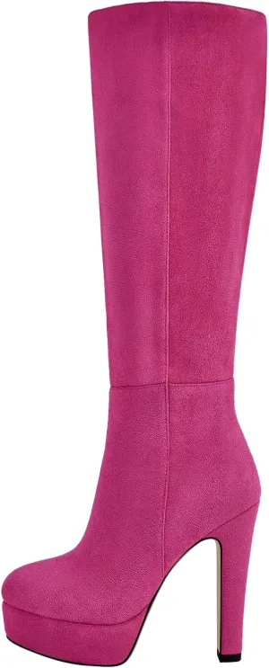 richealnini Platform Knee High Boots for Women Side Zip Up Tall Boots with Block Heel Comfort Long Boots