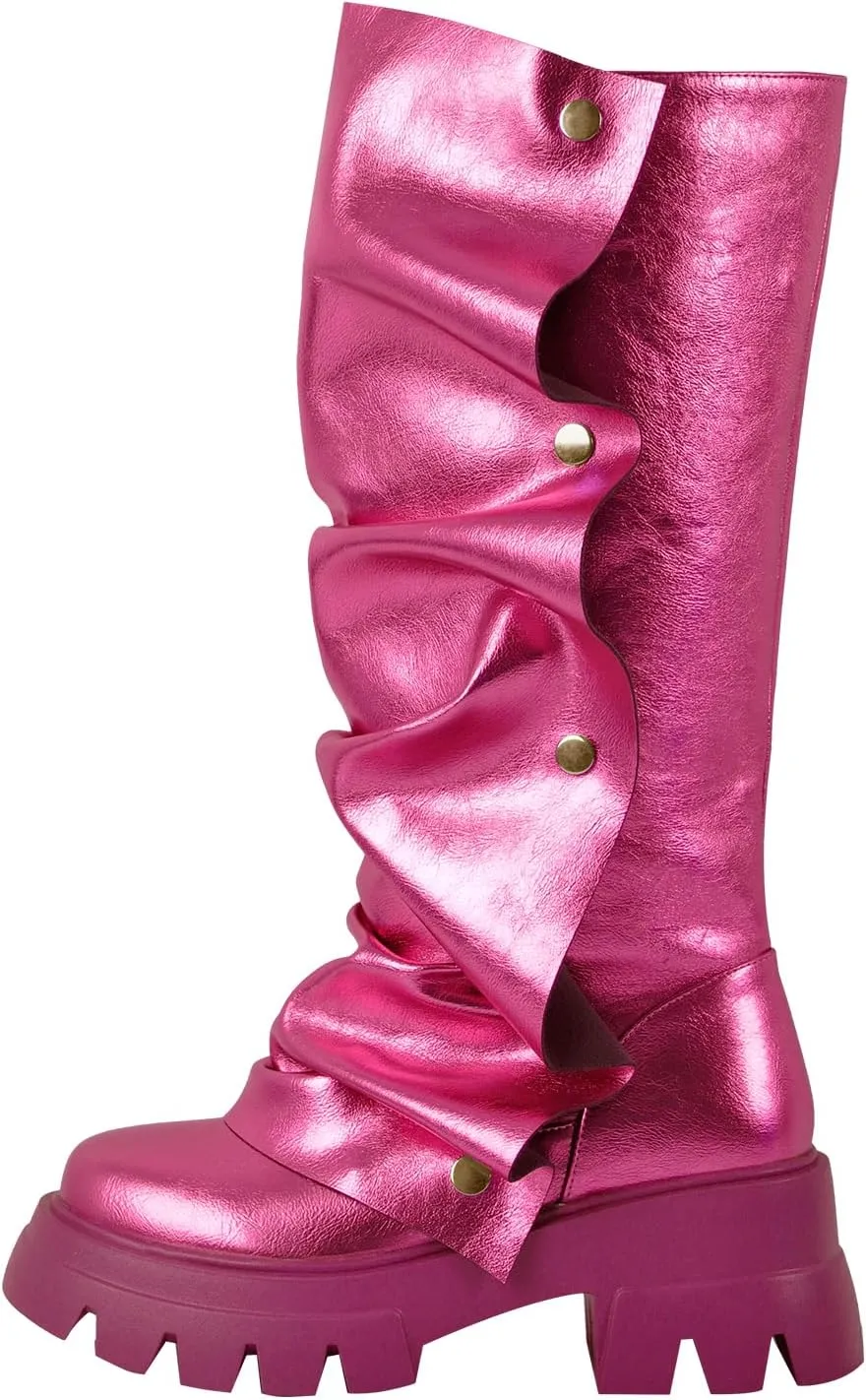 richealnini Women's Platform Punk Boots Slouch Fold Over Mid Calf Boots Pull On Tall Boots