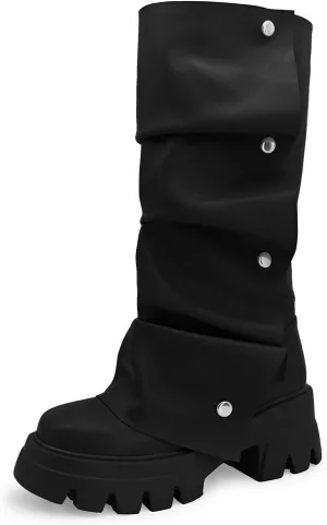RKQ Women's Wide Calf Platform Slouchy Fold Over Combat Mid-Calf Block Heel Detachable Pull-On Panel Shark Boots