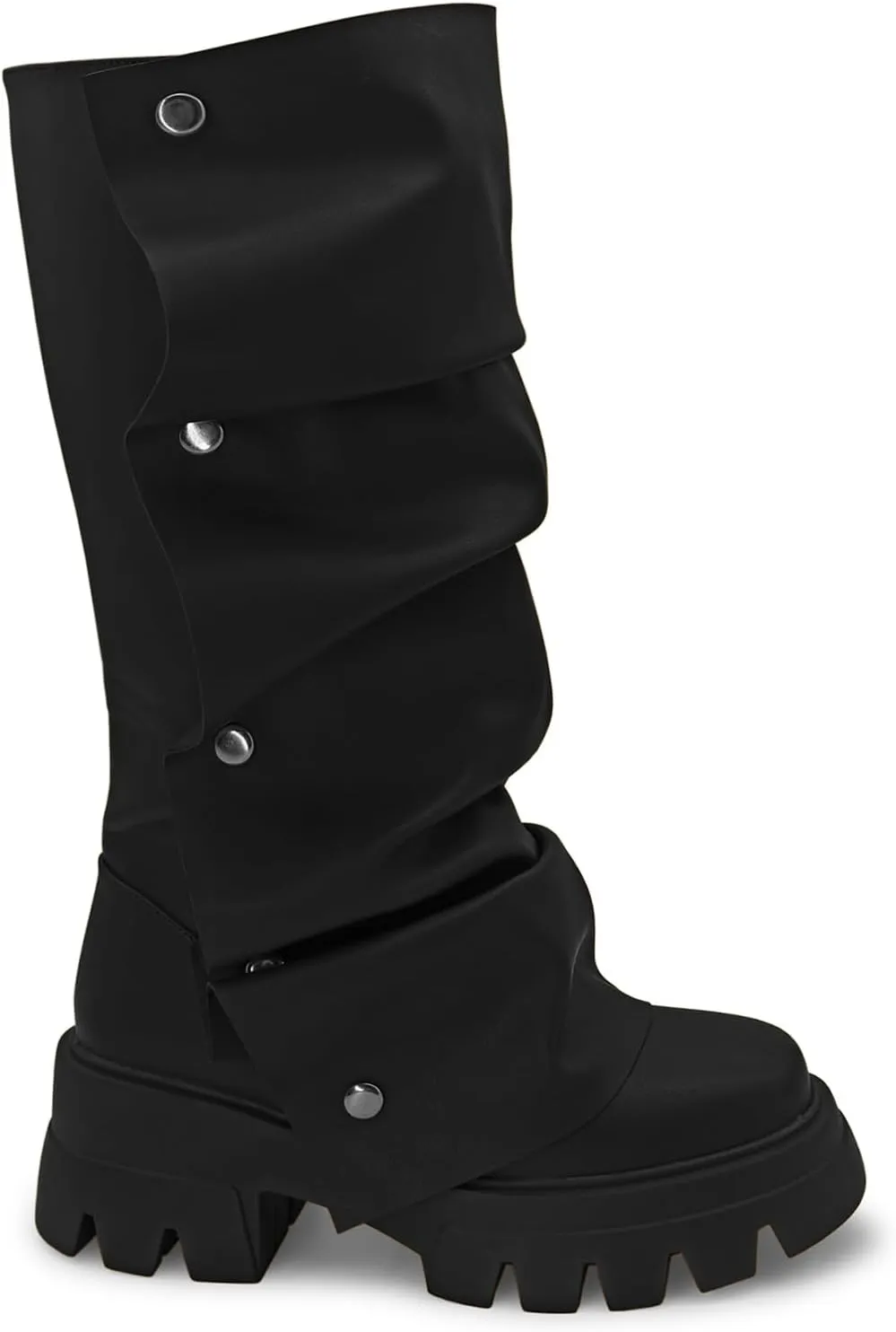 RKQ Women's Wide Calf Platform Slouchy Fold Over Combat Mid-Calf Block Heel Detachable Pull-On Panel Shark Boots