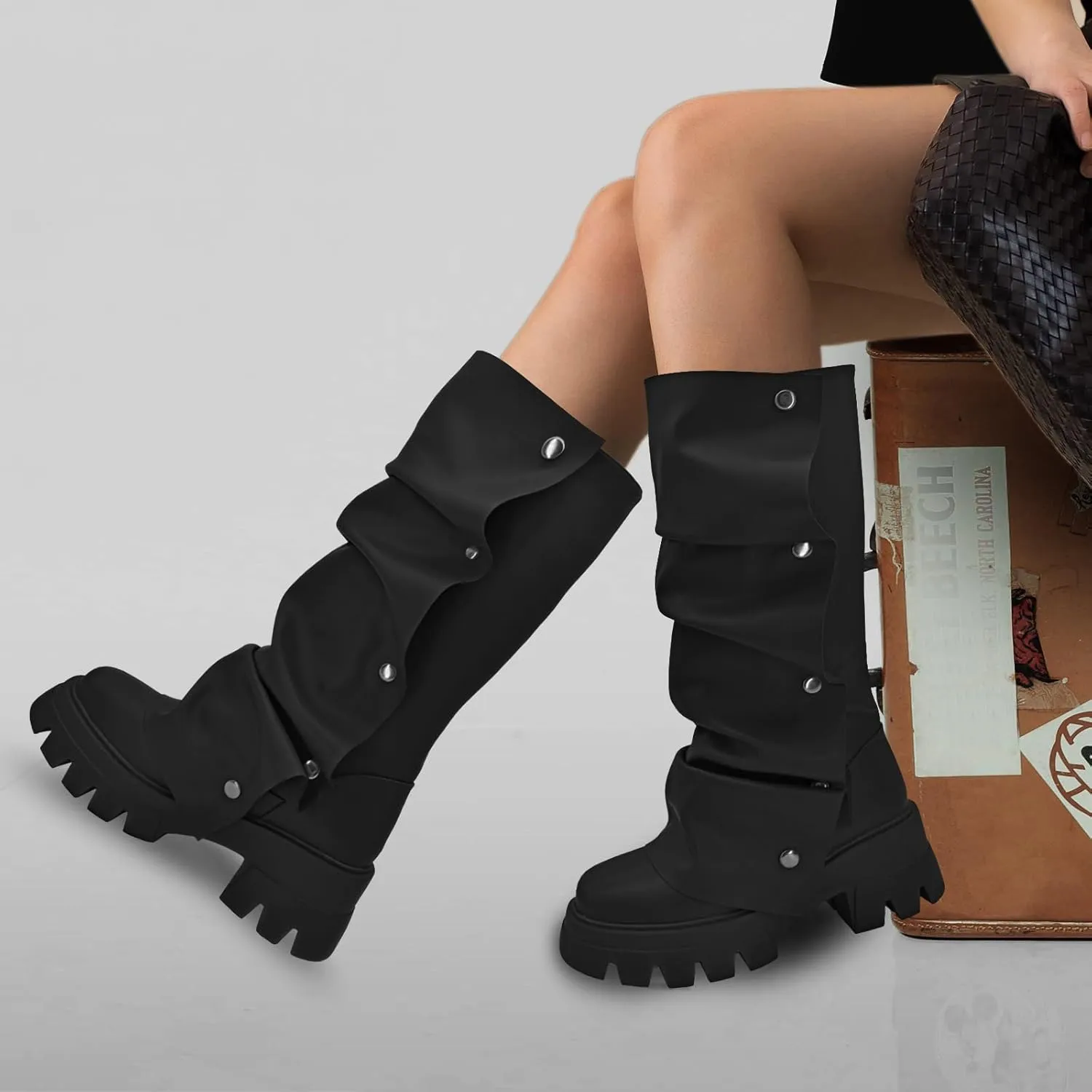 RKQ Women's Wide Calf Platform Slouchy Fold Over Combat Mid-Calf Block Heel Detachable Pull-On Panel Shark Boots