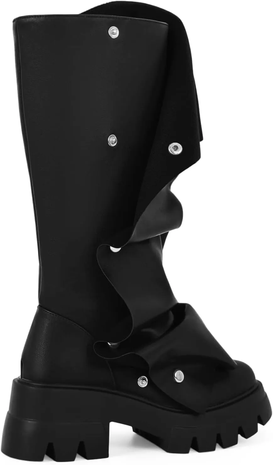 RKQ Women's Wide Calf Platform Slouchy Fold Over Combat Mid-Calf Block Heel Detachable Pull-On Panel Shark Boots