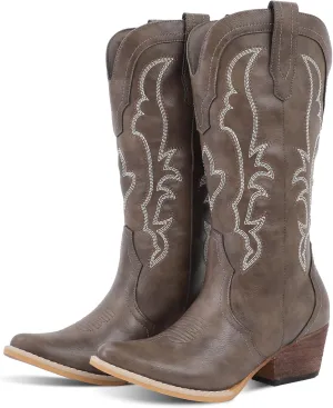 RLW Cowboy Boots for Women Cowgirl Boots Classic Knee-High Western Boots Pointy Toe with Comfortable Chunky Heel
