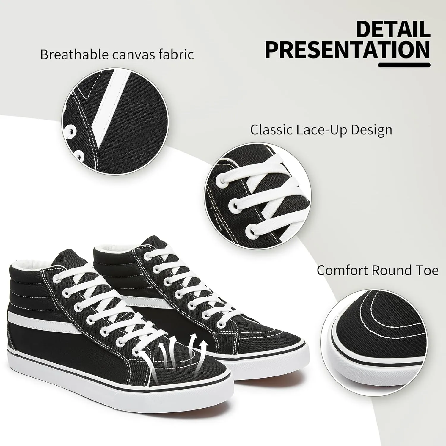 Rominz Mens White Canvas Shoes Fashion High-Top Canvas Sneakers for Men Casual Tennis Shoes Black Classic Lace-UP Walking Shoes Skate Shoes
