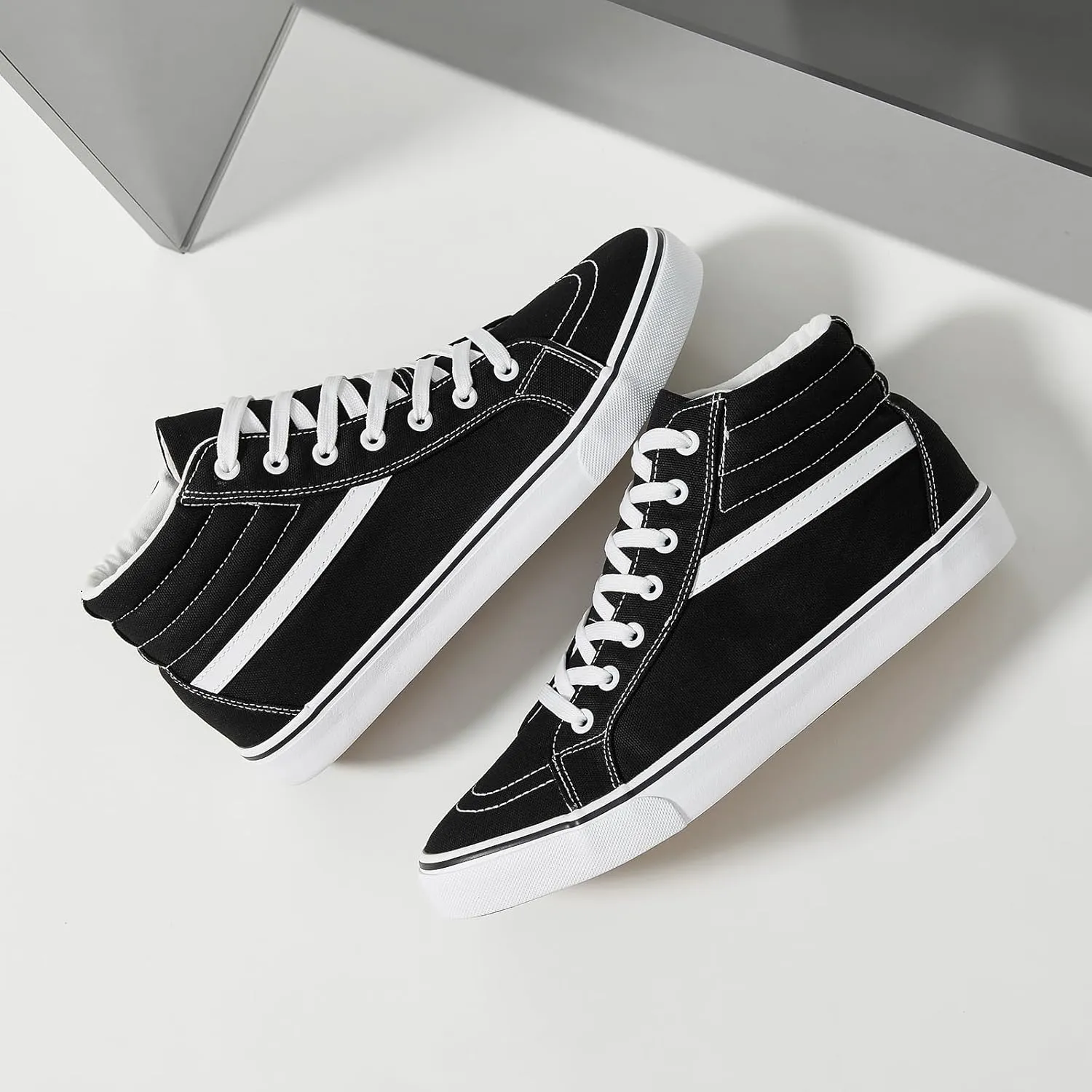 Rominz Mens White Canvas Shoes Fashion High-Top Canvas Sneakers for Men Casual Tennis Shoes Black Classic Lace-UP Walking Shoes Skate Shoes