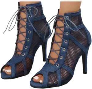 SACFOF Women's Mesh Sandals Peep Toe High Top Sandals Lace Up Summer Boots Buckle Strap Party Sexy Pump Shoes