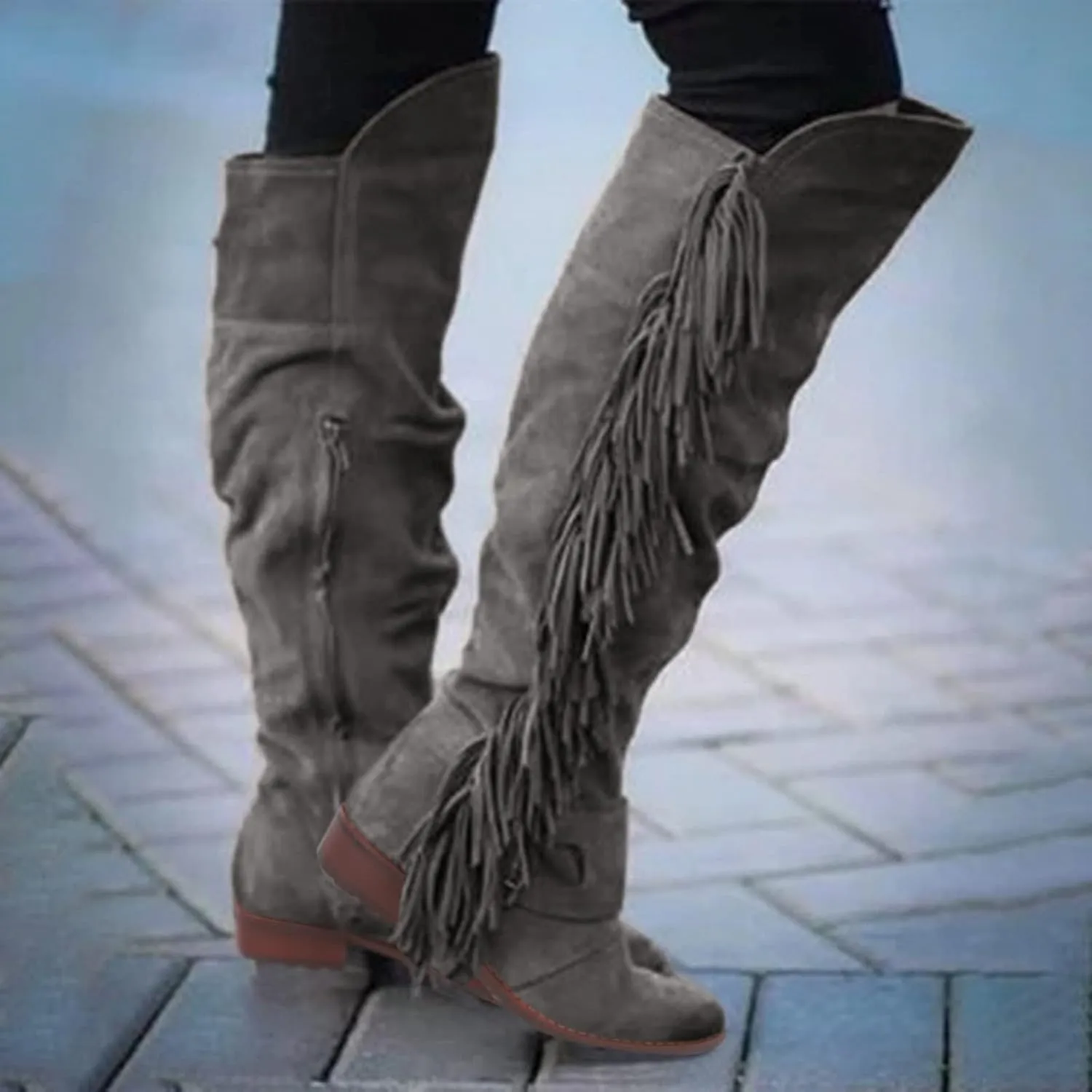 SACFOF Women's Over The Knee Boots Long Boots Square Heels Shoes Retro Tassel Moccasin Low Heel Zipper Knee High Boots