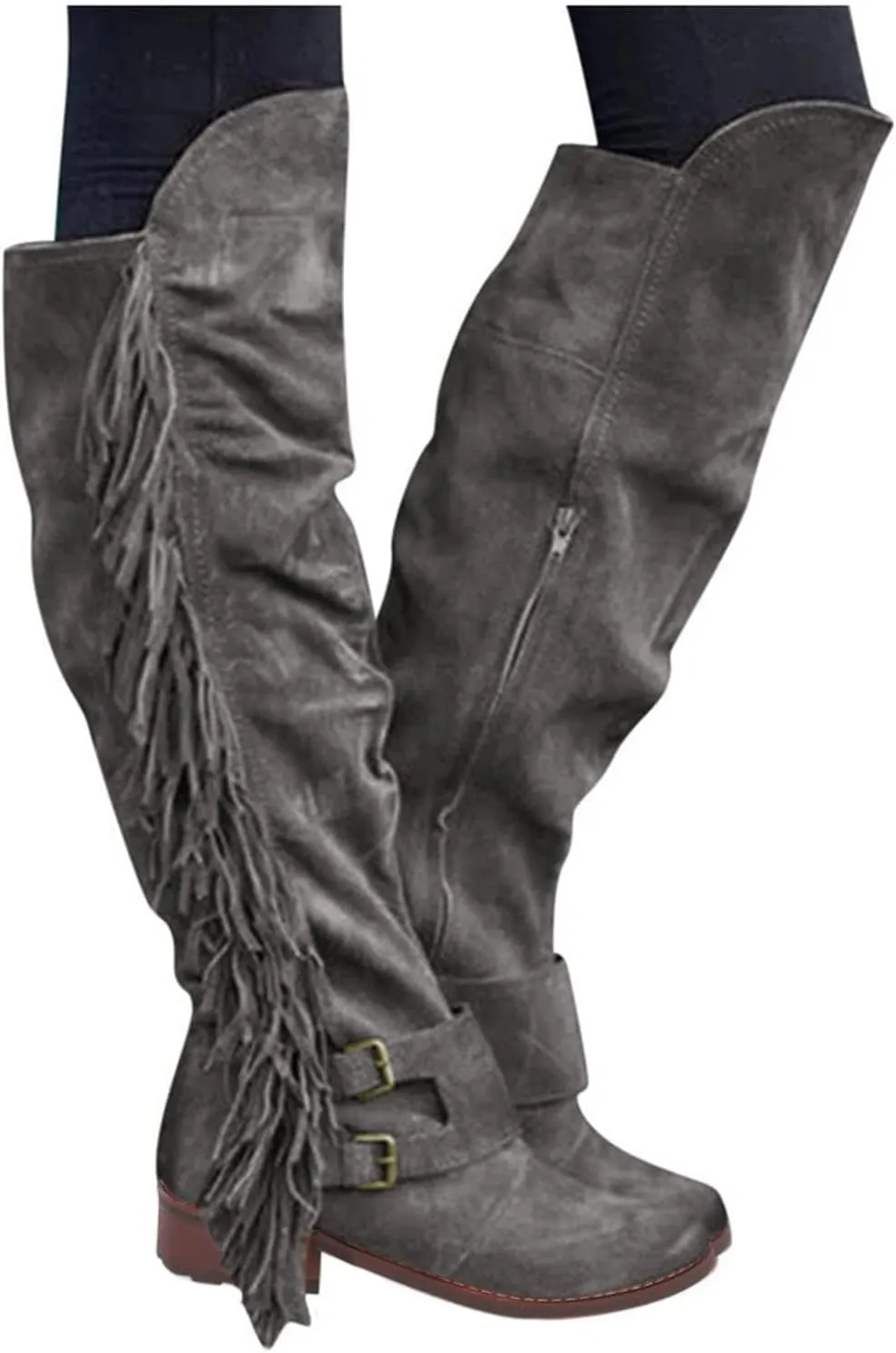 SACFOF Women's Over The Knee Boots Long Boots Square Heels Shoes Retro Tassel Moccasin Low Heel Zipper Knee High Boots