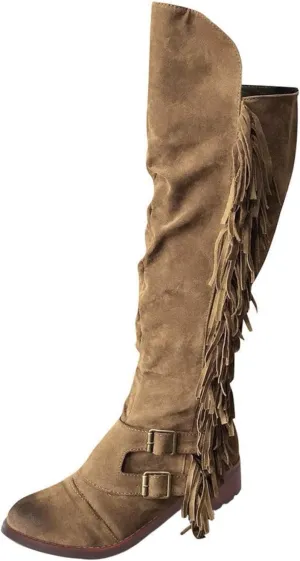SACFOF Women's Over The Knee Boots Long Boots Square Heels Shoes Retro Tassel Moccasin Low Heel Zipper Knee High Boots
