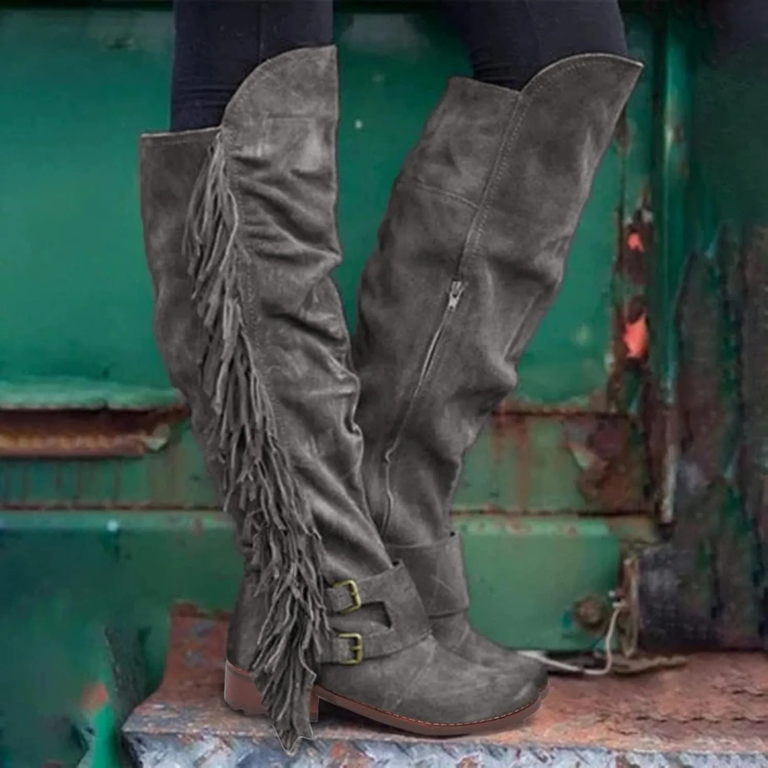 SACFOF Women's Over The Knee Boots Long Boots Square Heels Shoes Retro Tassel Moccasin Low Heel Zipper Knee High Boots