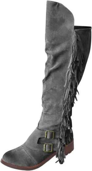 SACFOF Women's Over The Knee Boots Long Boots Square Heels Shoes Retro Tassel Moccasin Low Heel Zipper Knee High Boots