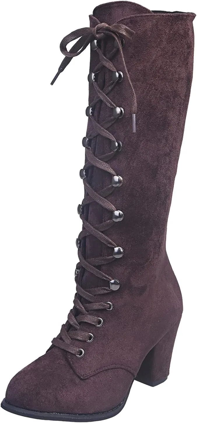 SACFOF Women's Suede Knee High Boot Ladies Lace up High Chunky Heeled Winter Boots Combat Riding Military Boots for Women