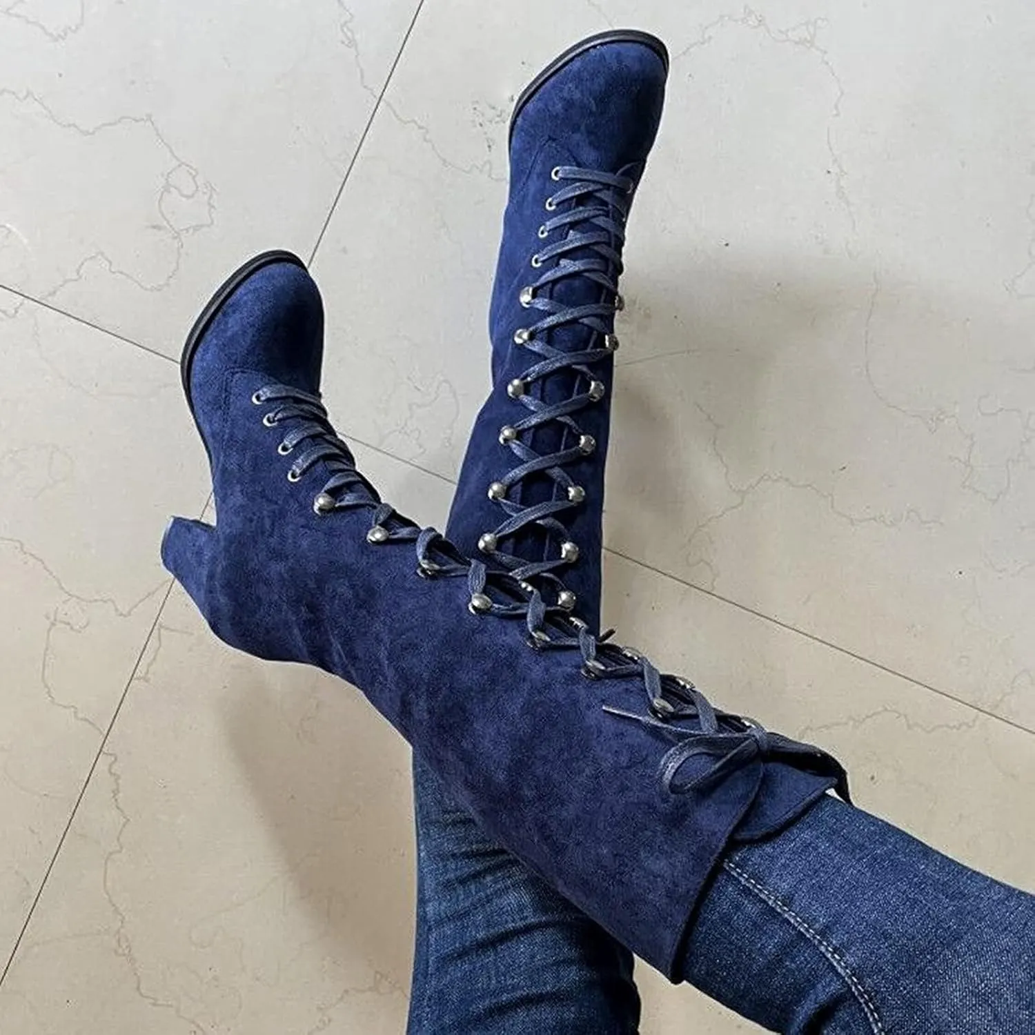 SACFOF Women's Suede Knee High Boot Ladies Lace up High Chunky Heeled Winter Boots Combat Riding Military Boots for Women