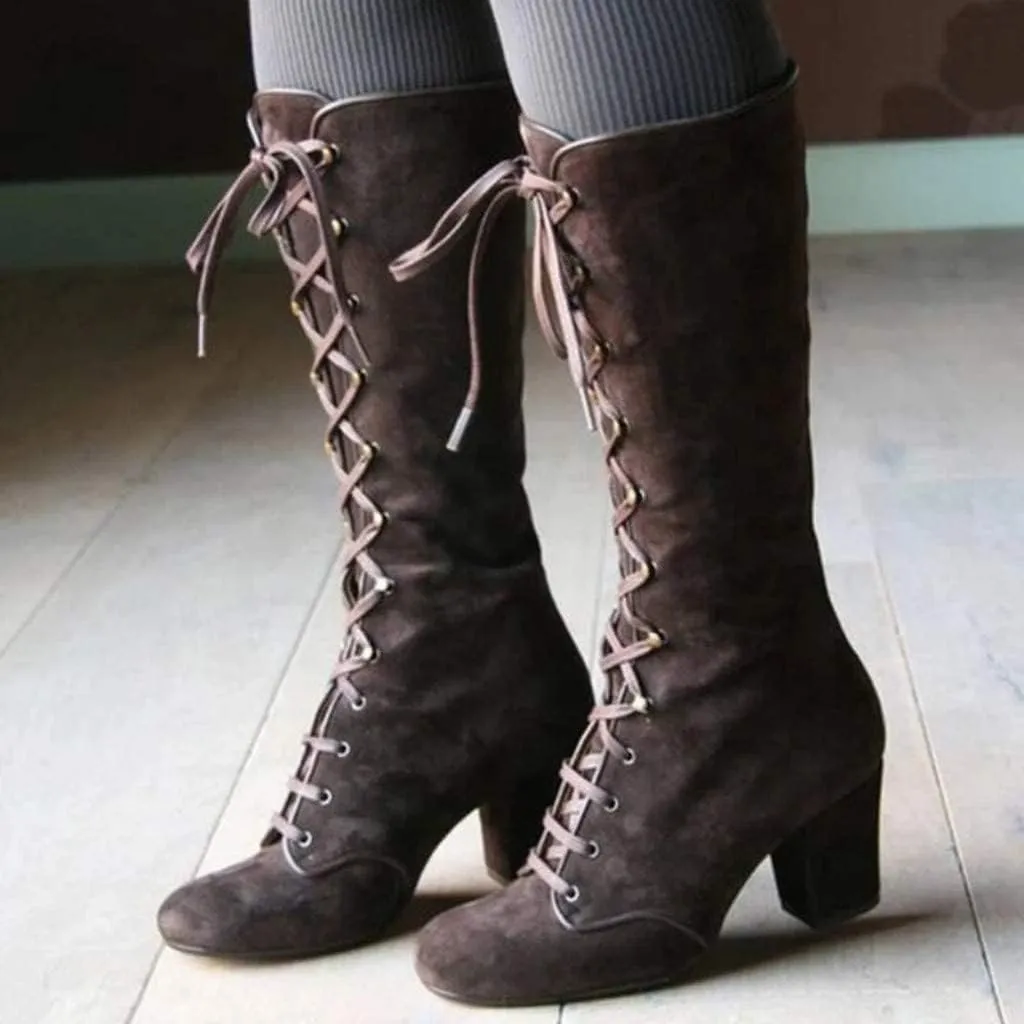 SACFOF Women's Suede Knee High Boot Ladies Lace up High Chunky Heeled Winter Boots Combat Riding Military Boots for Women