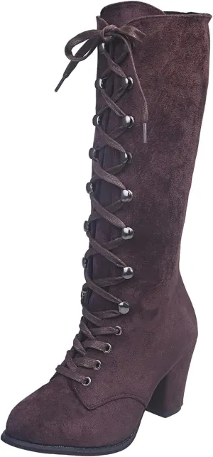SACFOF Women's Suede Knee High Boot Ladies Lace up High Chunky Heeled Winter Boots Combat Riding Military Boots for Women