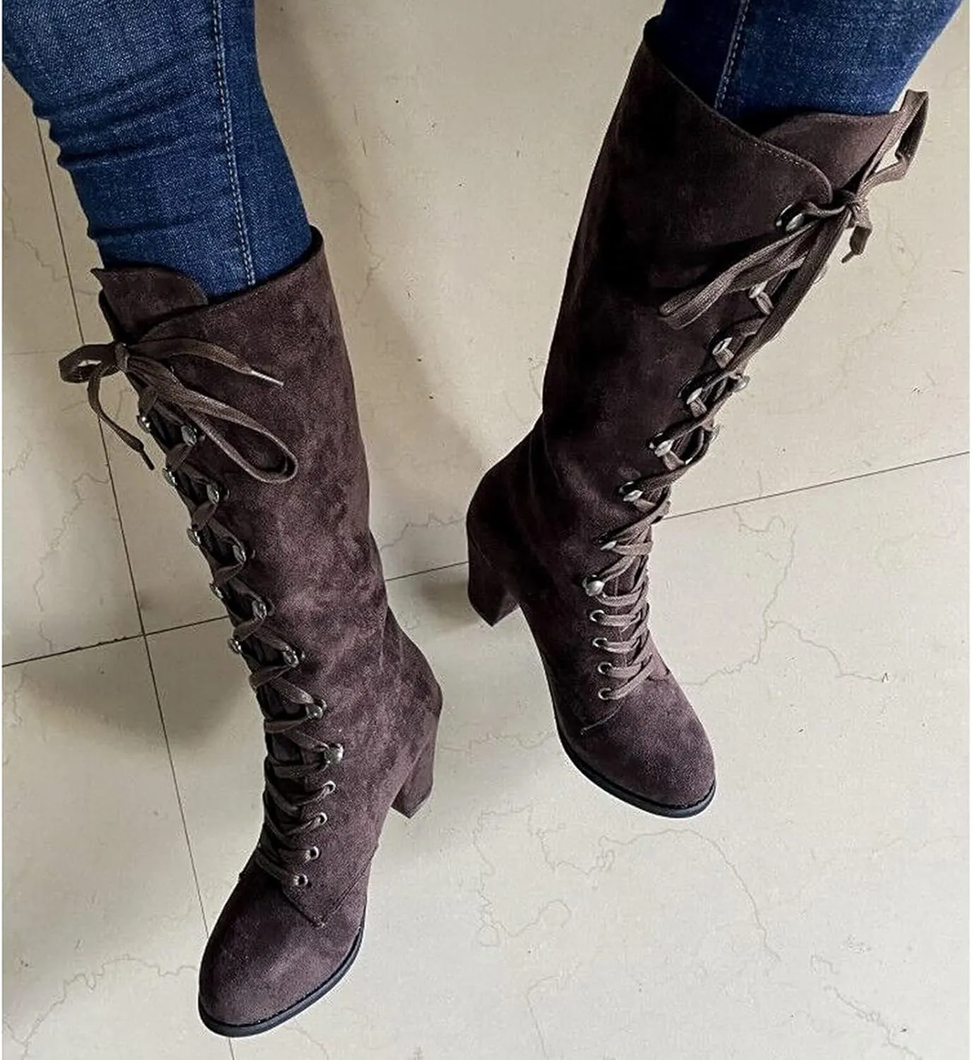 SACFOF Women's Suede Knee High Boot Ladies Lace up High Chunky Heeled Winter Boots Combat Riding Military Boots for Women