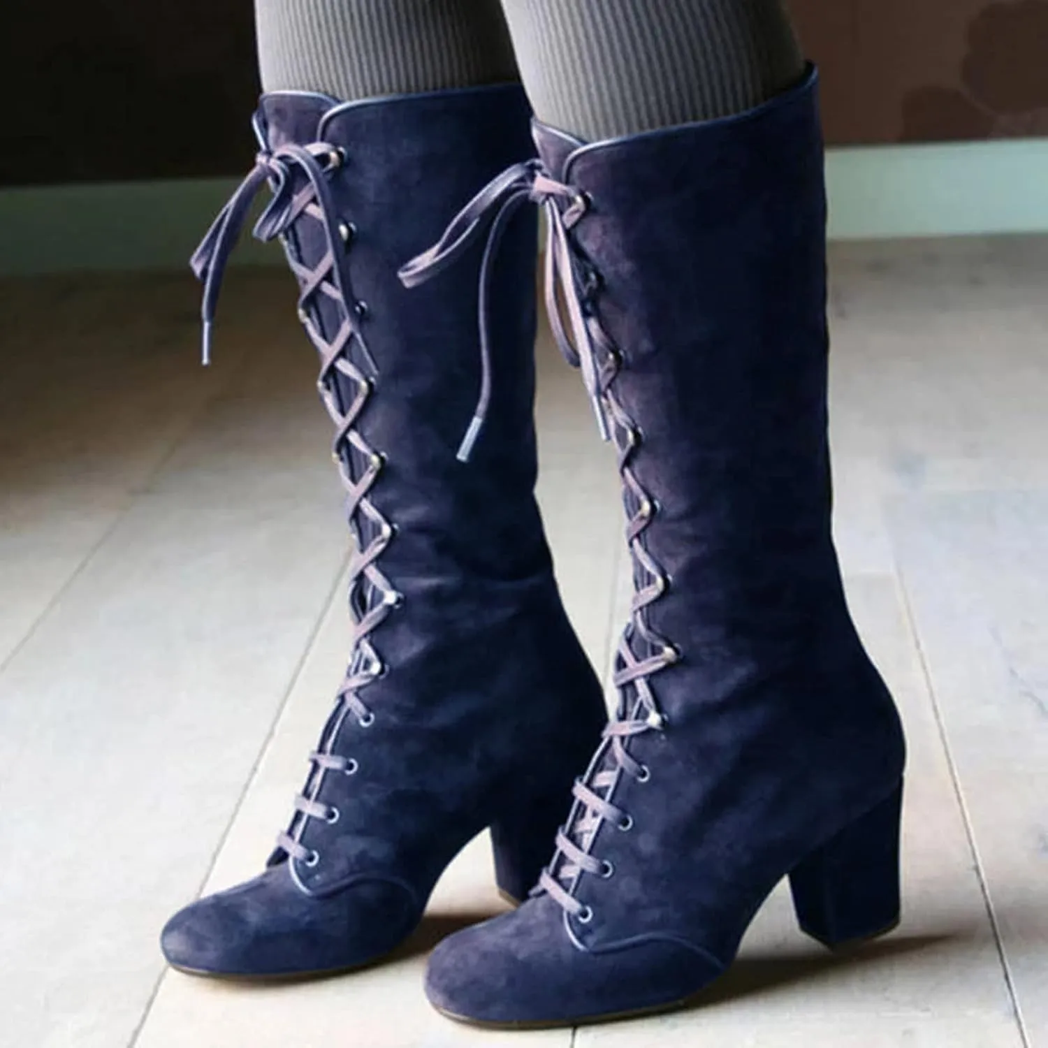 SACFOF Women's Suede Knee High Boot Ladies Lace up High Chunky Heeled Winter Boots Combat Riding Military Boots for Women