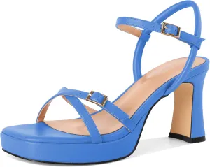SAMMITOP Platform Heels for Women High Block Chunky Heeled Sandals Open Square Toe Cross Strappy Heels Fashion Wedding Party Dress Shoes 3.5 Inch