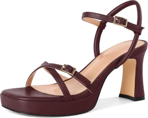 SAMMITOP Platform Heels for Women High Block Chunky Heeled Sandals Open Square Toe Cross Strappy Heels Fashion Wedding Party Dress Shoes 3.5 Inch