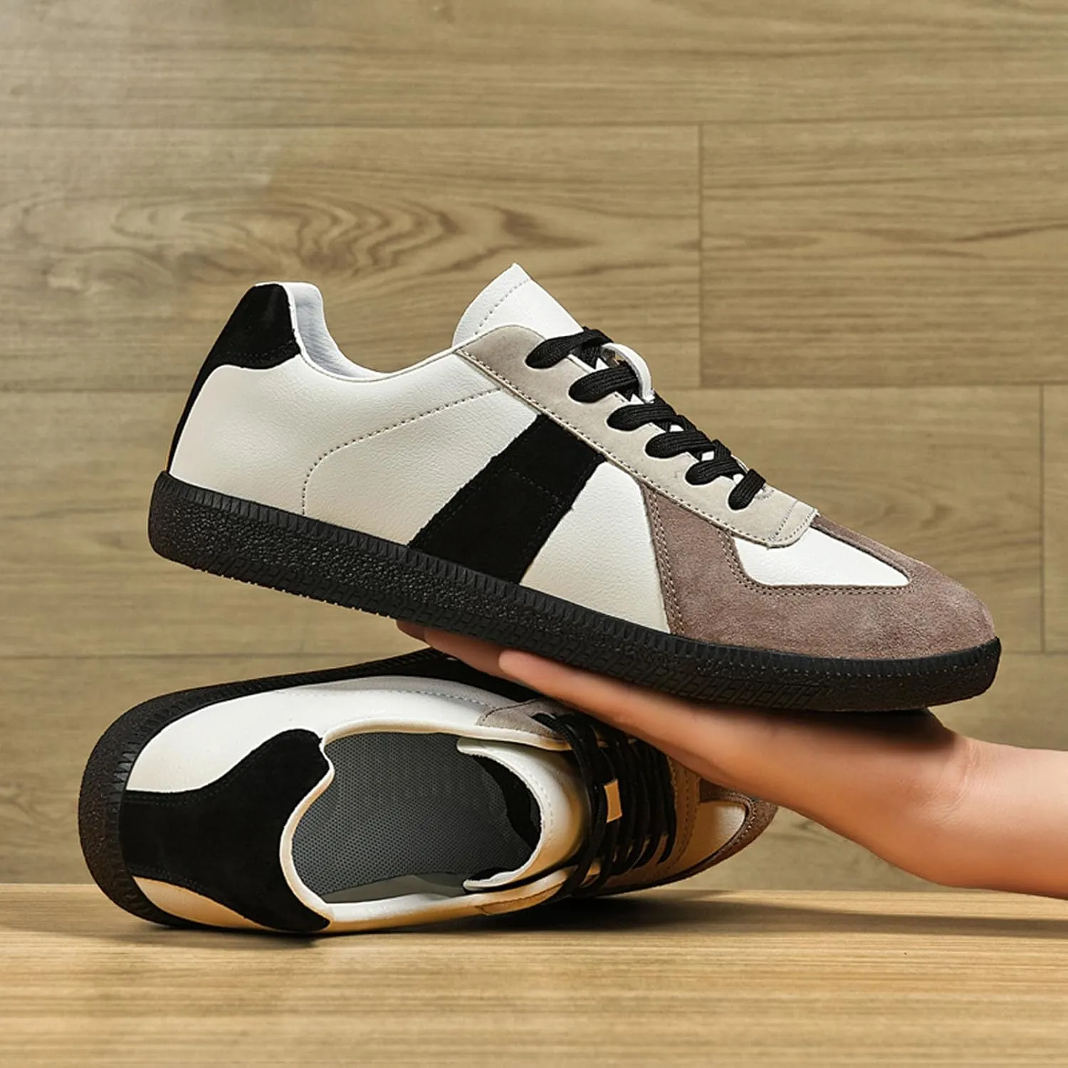 SECHRITE Women's Retro Fashion Sneakers Gum Sole Classic Tennis Genuine Leather Suede Skate Shoes Casual Walking Shoes Lace-up Trendy Sneakers