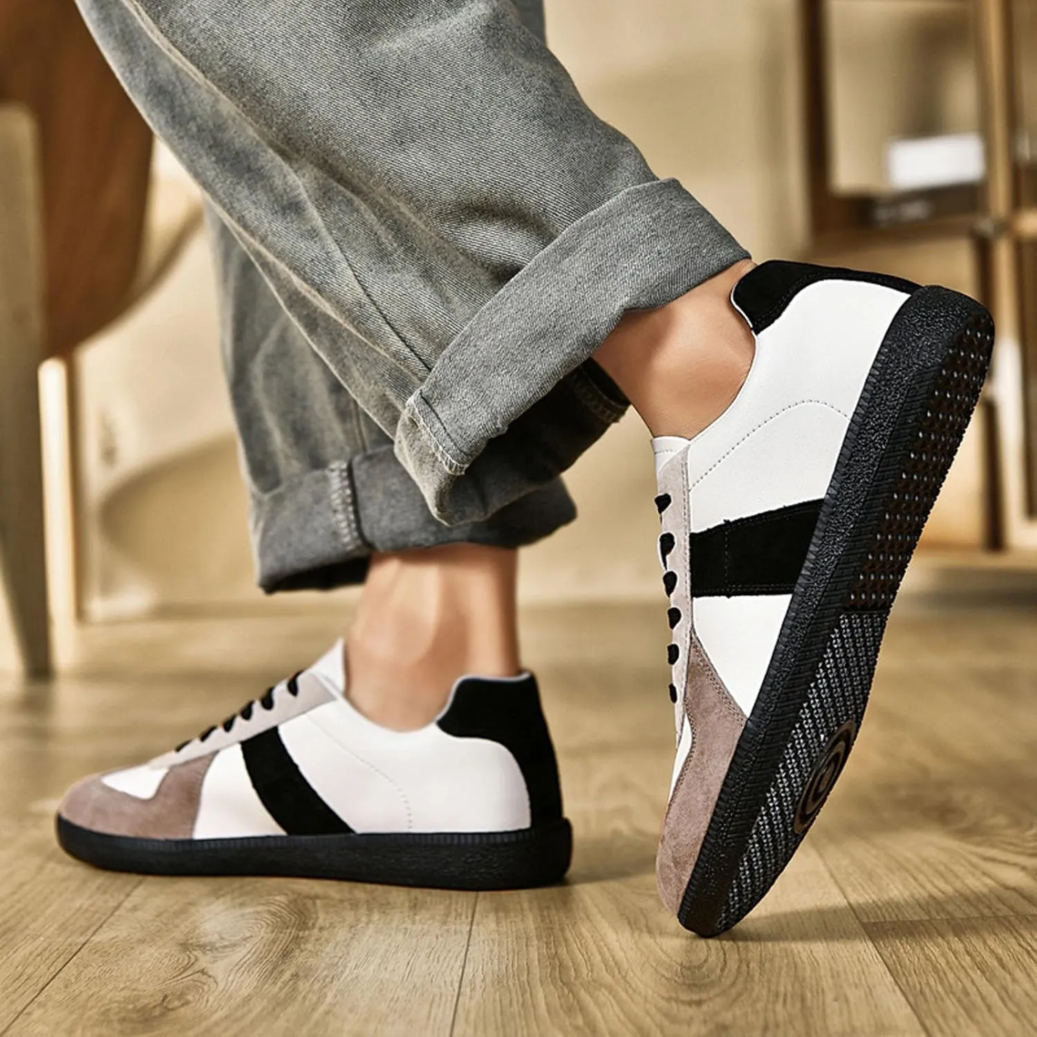 SECHRITE Women's Retro Fashion Sneakers Gum Sole Classic Tennis Genuine Leather Suede Skate Shoes Casual Walking Shoes Lace-up Trendy Sneakers