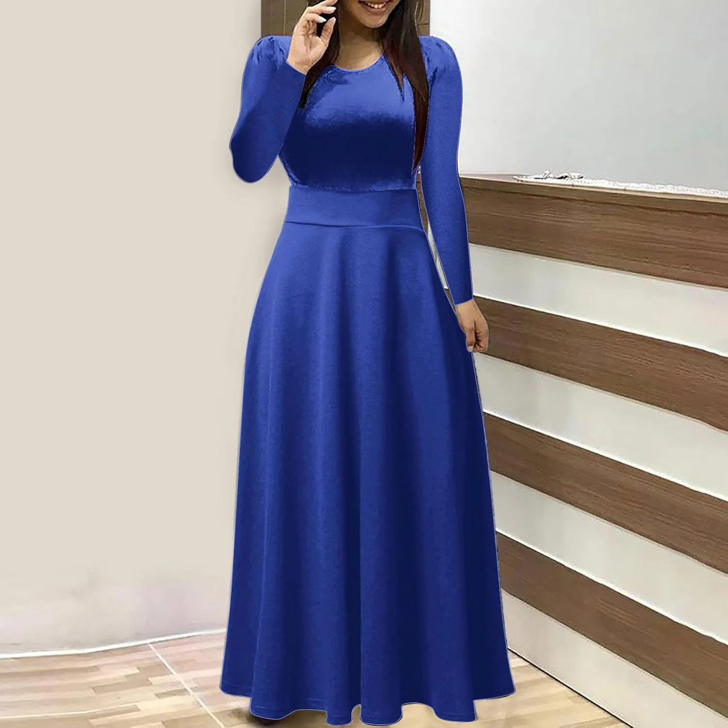 Semi Formal Dresses for Women Knee Length Long Sleeve Causal Empire Waist Maxi Dress Plus Size Crewneck Ruffle Dress