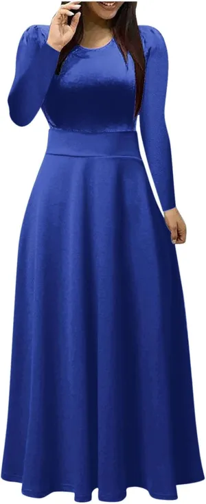 Semi Formal Dresses for Women Knee Length Long Sleeve Causal Empire Waist Maxi Dress Plus Size Crewneck Ruffle Dress