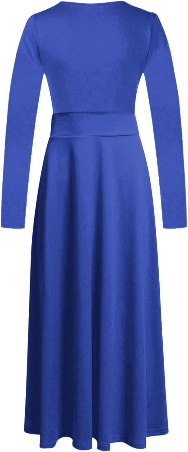 Semi Formal Dresses for Women Knee Length Long Sleeve Causal Empire Waist Maxi Dress Plus Size Crewneck Ruffle Dress