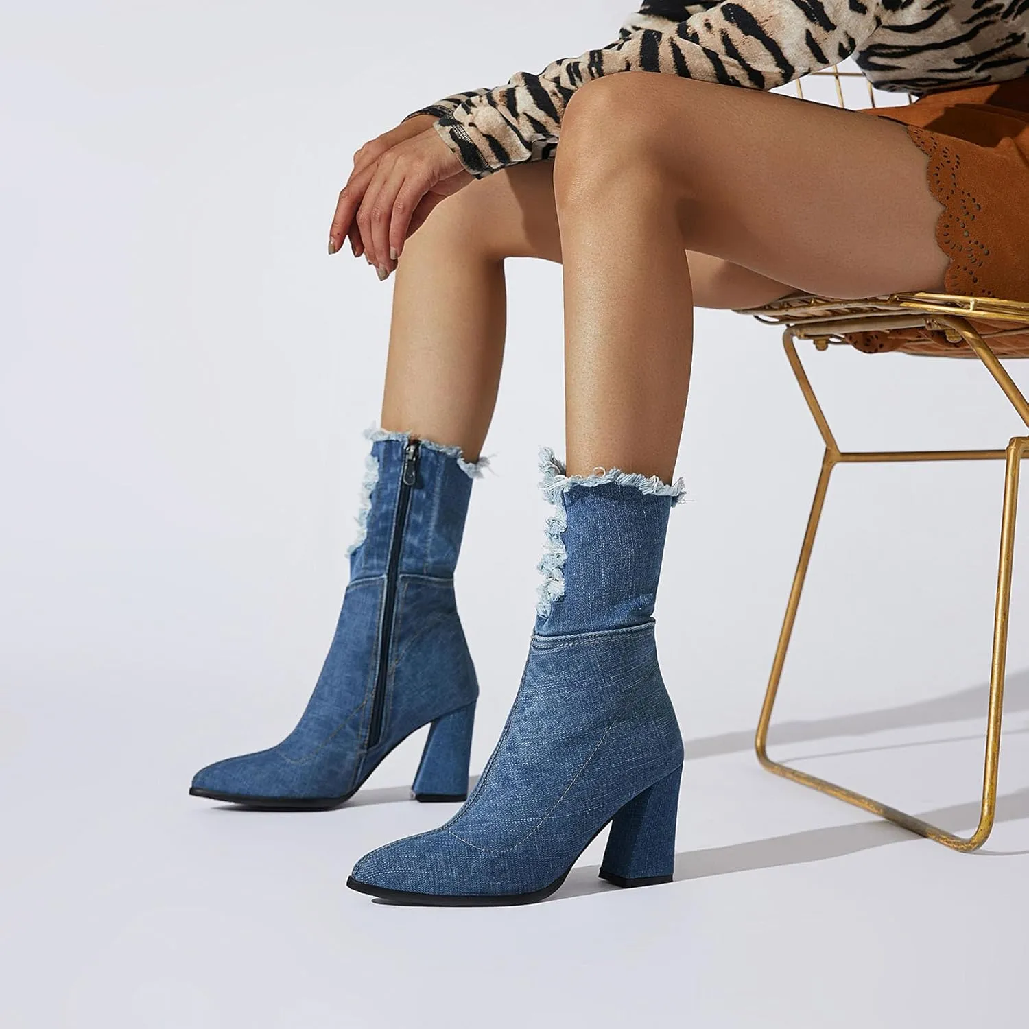 SHEMEE Chunky High Heels Denim Boot for Women Pointy Toe Block Heeled Dress Jeans Boots