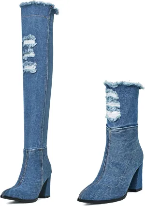 SHEMEE Chunky High Heels Denim Boot for Women Pointy Toe Block Heeled Dress Jeans Boots