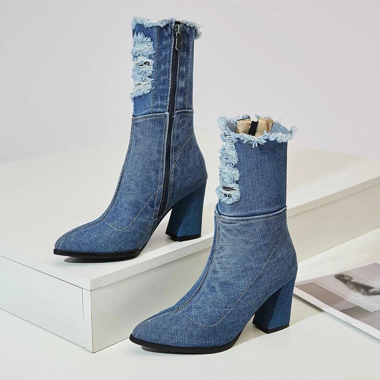 SHEMEE Chunky High Heels Denim Boot for Women Pointy Toe Block Heeled Dress Jeans Boots