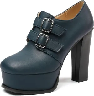 SHEMEE Women's Super High Heel Platform Pumps Block Chunky Heels Ankle Booties Buckle Pull On Dress Shoes