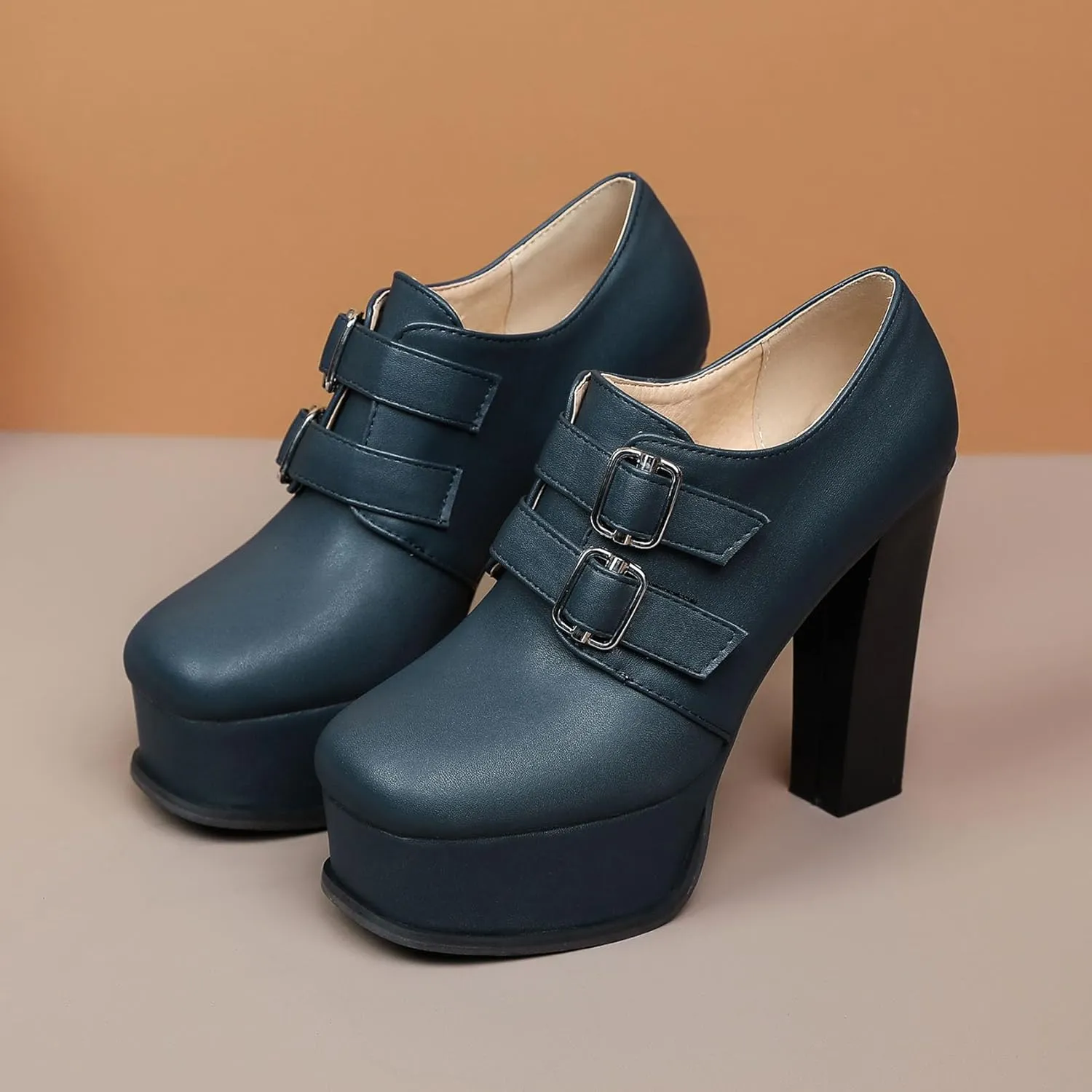 SHEMEE Women's Super High Heel Platform Pumps Block Chunky Heels Ankle Booties Buckle Pull On Dress Shoes