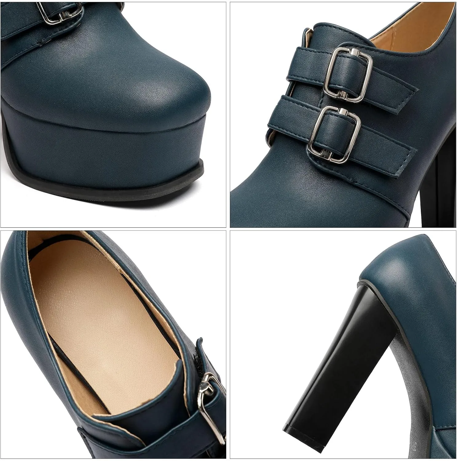 SHEMEE Women's Super High Heel Platform Pumps Block Chunky Heels Ankle Booties Buckle Pull On Dress Shoes