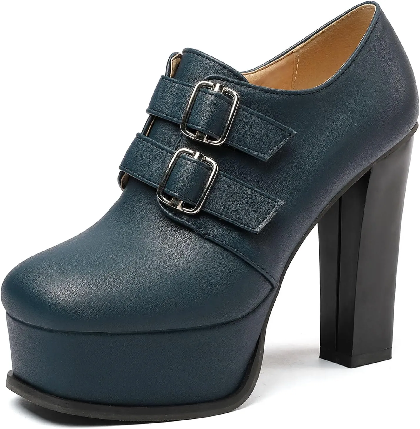 SHEMEE Women's Super High Heel Platform Pumps Block Chunky Heels Ankle Booties Buckle Pull On Dress Shoes